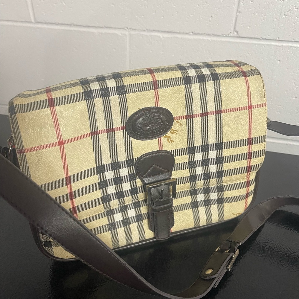 Tan with black and red plaid purse
